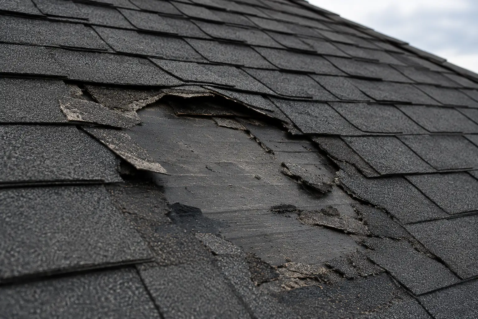 Close-up roof hail damage documented during inspection