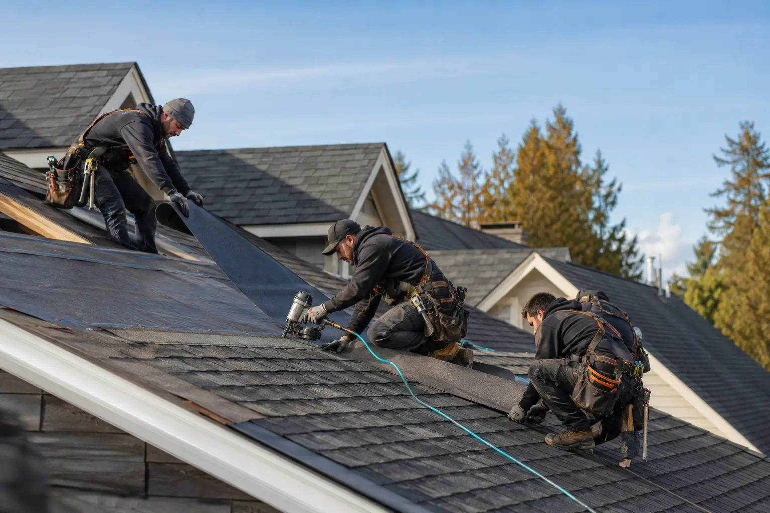 Summit Shield Roofing crew installing roofing underlayment and shingles