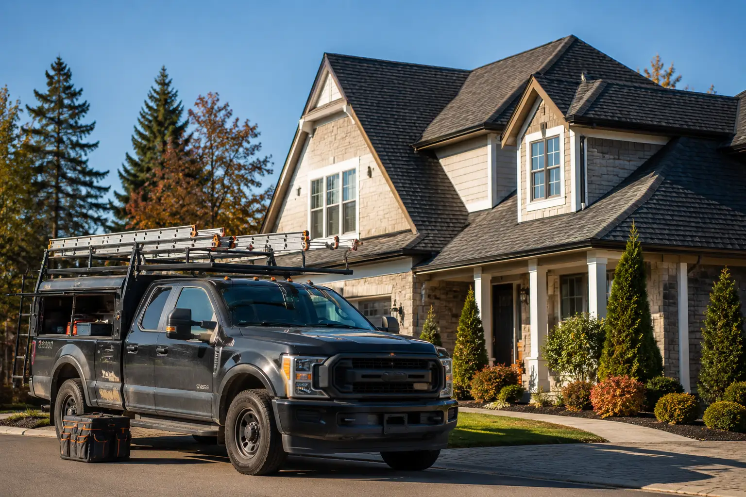 Summit Shield Roofing truck parked near a completed residential roof