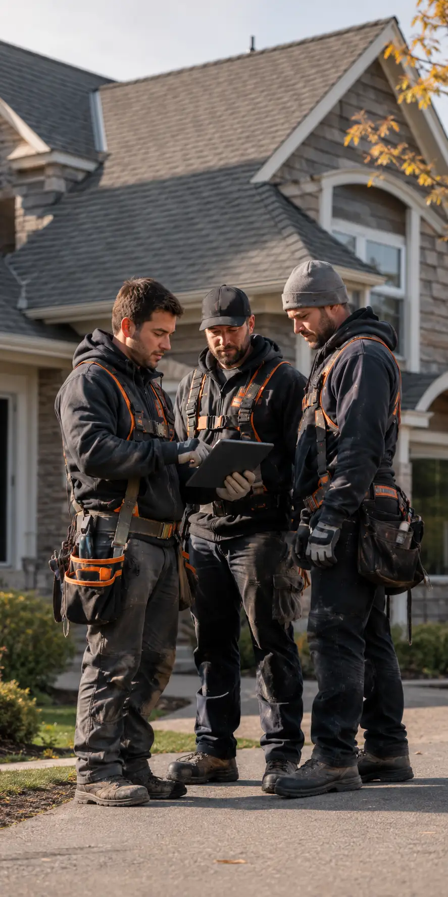 Summit Shield Roofing team reviewing roof details on a tablet