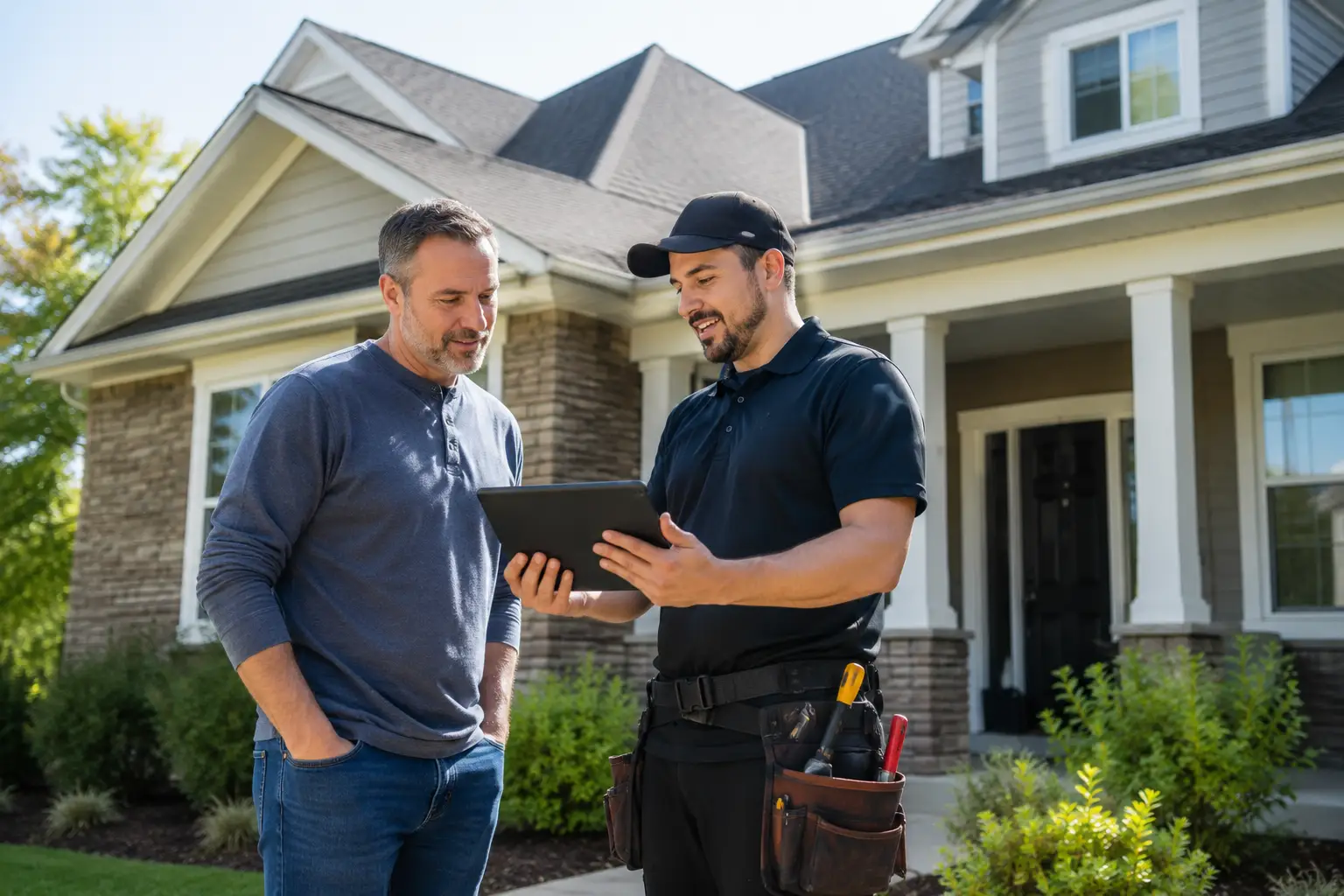 Summit Shield Roofing team member meeting with a homeowner about roof work