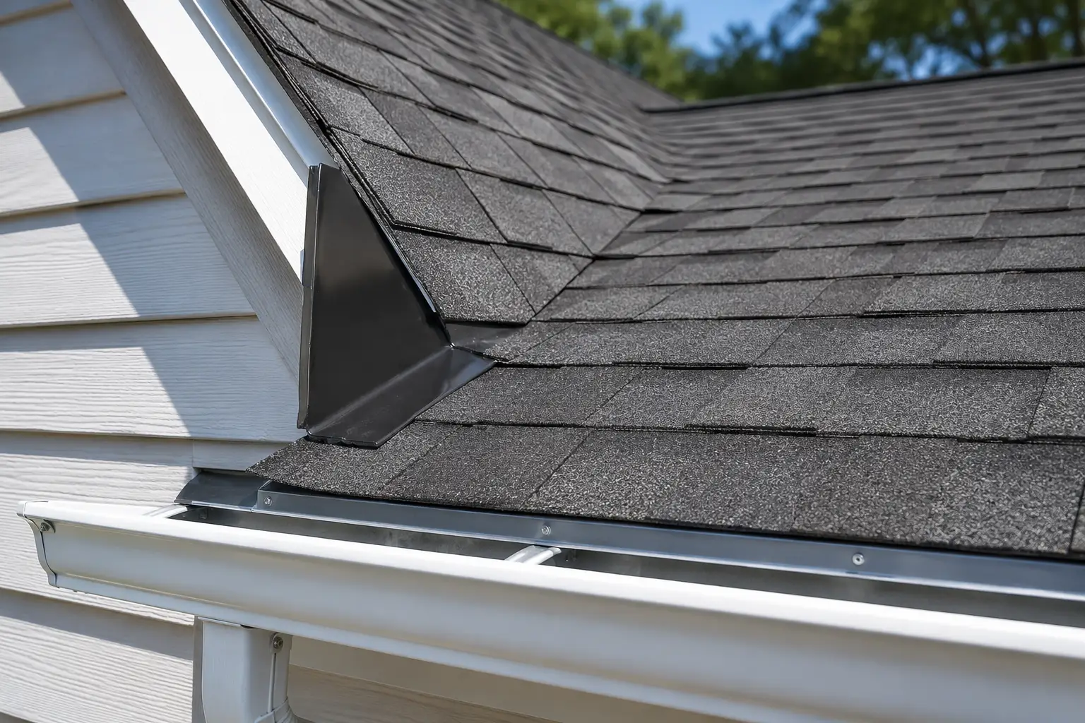 Roofing installation detail with gutter and roof edge